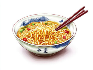 Ramen illustration on white background. Japanese traditional food. Noodles in hot broth