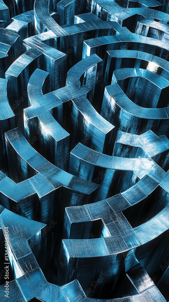 Poster Abstract image of a metallic blue maze, showcasing a complex, intricate pattern of pathways, symbolizing challenge, complexity, or problem-solving
