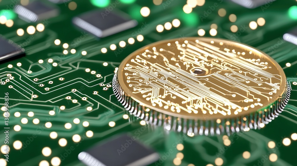 Poster close-up of a bitcoin chip positioned on a circuit board highlighting digital currency and technolog