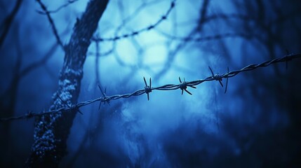 Barbed wire spirals against a hazy, dark backdrop, setting a dramatic and somber tone