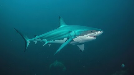 Obraz premium Majestic great white shark gracefully gliding through the deep ocean's tranquil blue depths, a breathtaking underwater spectacle.
