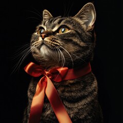Striped cat with a red ribbon, looking upwards with captivating eyes. The portrait is set against a black backdrop for prominence.
