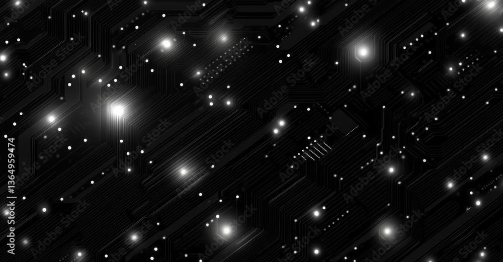 Poster an artistic representation of a circuit board with intricate lines and nodes, presenting a modern, t