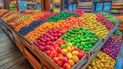 Obraz premium Colorful display of fresh fruits in a vibrant store