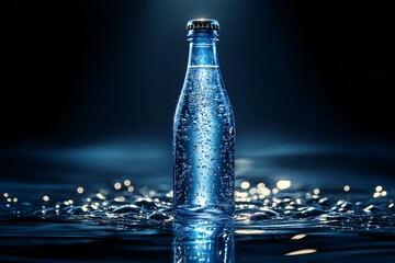 A tall blue glass bottle filled with sparkling water