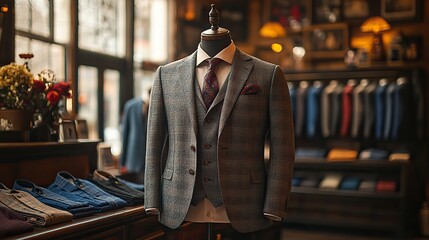 An elegant retail atmosphere is created as sunlight illuminates a sophisticated suit on a mannequin in a fashion store surrounded by other suits and shirts.