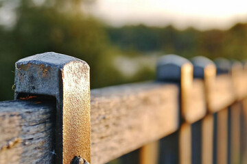 Close-up view of a worn metal latch on prison fence during sunset illuminating a chaotic environment