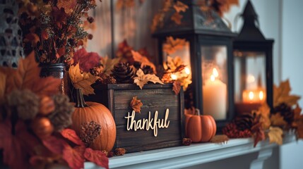 Obraz premium Cozy autumn decor with pumpkins, lanterns, and fall leaves