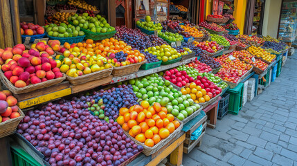 Obraz premium Vibrant fruit store display showcasing a colorful variety of fresh produce in a bustling market environment