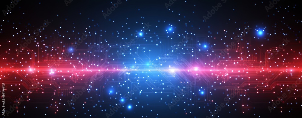 Poster a vivid and lively digital background displaying red and blue circuit motifs on a dark base, illustr