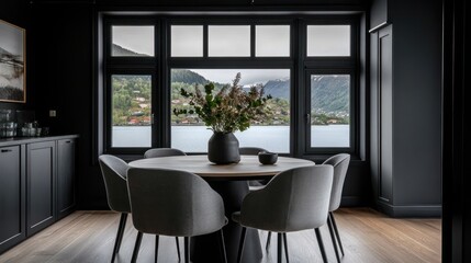 Modern dining room with fjord view