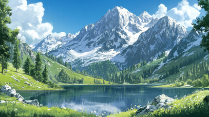 Mountain landscape, nature background with water pond, snowy peaks, green grass on rocks and conifers. Calm lake and spruces under blue sky with clouds, cartoon scenery view, Vector illustration