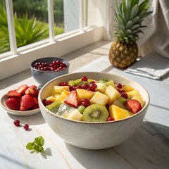 Mixed Fruit Salad with Fresh Kiwi, Mango, and Strawberry, a fresh and healthy mixed fruit salad with ripe kiwi, mango, and strawberries, topped with pomegranate for added flavor