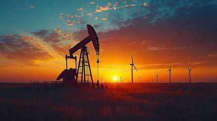 An oil pump and wind turbine are silhouetted at sunset, showing the shift to renewables.
