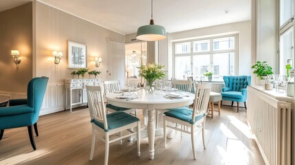 Fototapeta premium Light-filled dining room with teal accents, interior design