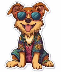 Naklejka premium A sticker of a dog with sunglasses wearing a colorful hawaian shirt and shorts