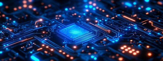 Fototapeta premium A modern digital scene with glowing blue lights and beams, symbolizing advanced technology and data transfer, suitable for tech-themed projects