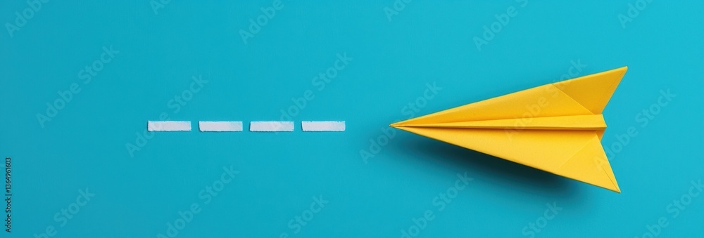Poster yellow paper airplane ready for launch on turquoise surface with dashed line indicating takeoff repr