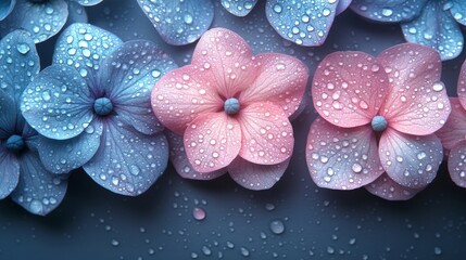 A detailed shot of different flowers in pink and purple hues, adorned with water droplets on their petals. Concept: Close-Up Photography, Floral Details, Pink and Purple Blooms, Water Droplets,