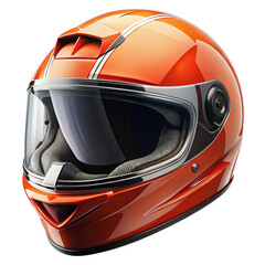 Fototapeta premium Sleek Orange Motorcycle Helmet with White Stripes and Modern Design