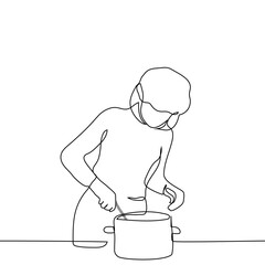 female chef in cap stirs with big spoon or ladle dishes in saucepan - one line art vector. professional chef woman cooking