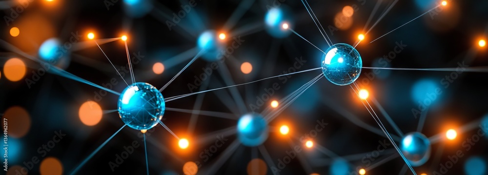 Poster an energetic abstract design with shimmering lights and linked lines, illustrating data movement and