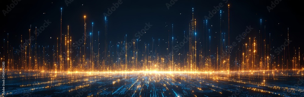 Poster a dynamic abstract image featuring blue and golden particles, evoking a sense of depth and movement,