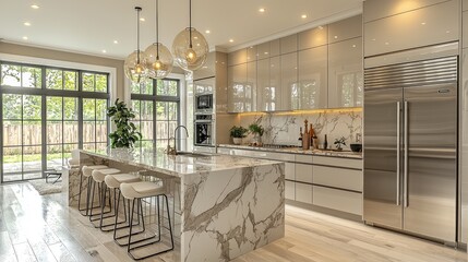 A modern and luxurious kitchen with bright natural lighting shining