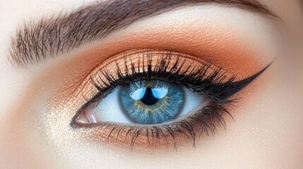 Obraz premium A detailed shot of a human eye featuring bright blue irises and glistening eye makeup in warm shades