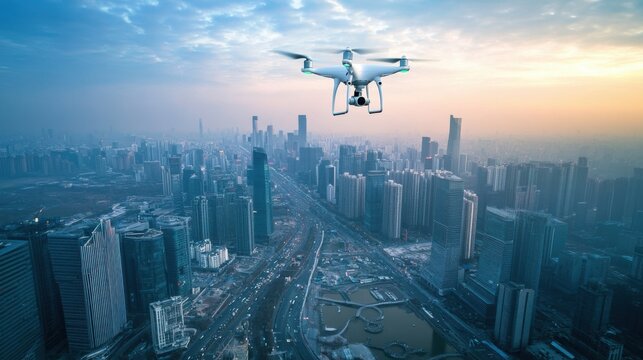 A drone survey technician mapping urban areas, aerial view with drones flying over cityscapes and mapping data on screens, High-tech style