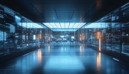 A futuristic data center illuminated with bright blue and orange lights