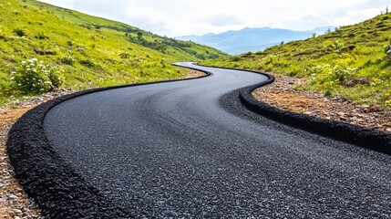 Naklejka premium A serene blue sky overlooks a winding road that traverses verdant green hills