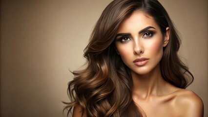 Fototapeta premium Gorgeous portrait of a beautiful Latina woman with long hair and natural makeup, positioned on the side with copy space for inscription, hair care and skin care cosmetic product concept