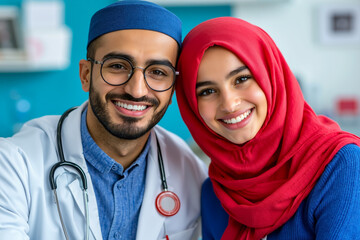 A man and a woman in a doctor's office smiling at the camera