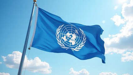 United Nations flag waving against a bright blue sky  