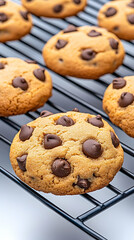 Chocolate chip cookies cooling on a rack Warm homemade treats!