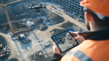 A drone surveyor conducting land mapping for construction projects, large construction site with drones flying over and data collection on tablet, High-tech style
