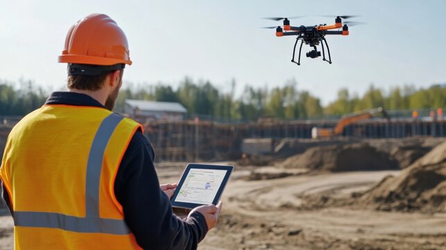 A drone surveyor conducting land mapping for construction projects, large construction site with drones flying over and data collection on tablet, High-tech style