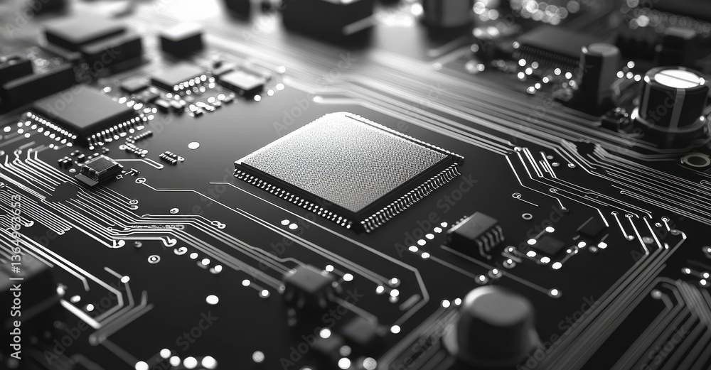 Poster a zoomed-in view of a cutting-edge circuit board, displaying the intricate microchips and connection