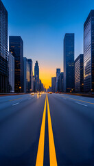 City highway at dawn, vanishing point perspective