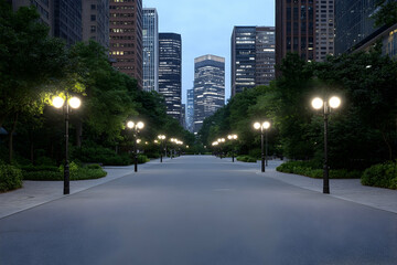 City park path at twilight, lined with lamps, skyscrapers in background