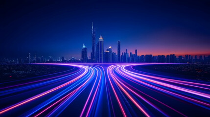 City skyline at dusk with light trails