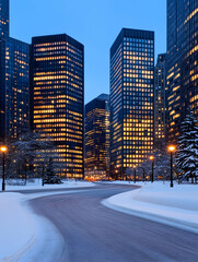 City skyline at twilight snow-covered streets