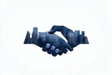 City skyline overlayed on a handshake, on white