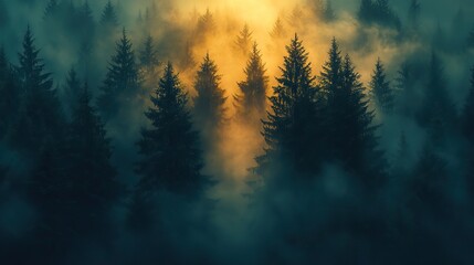 At dawn, sunlight filters through fog, illuminating evergreen treetops in a serene and mysterious forest, creating a tranquil and atmospheric scene.