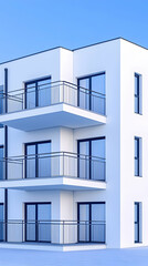 Clean architecture Modern white building with balconies against a blue sky, minimal design