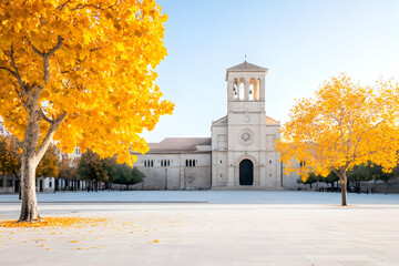 Classic stone building with bell tower framed by autumn trees in an open square