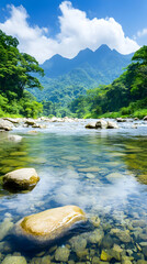 Clear stream flowing through rocky landscape with trees and mountains in distance