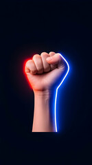 Clenched fist with blue and red outline isolated against a dark background