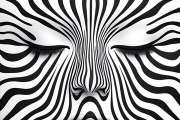 Close-up of a face with stylized zebra stripes, eyes closed, monochromatic black and white